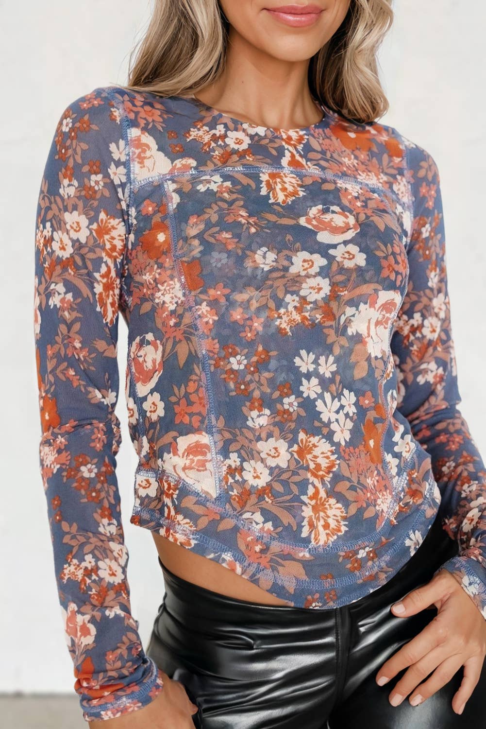Chic Floral Print Mesh Long Sleeve Top
