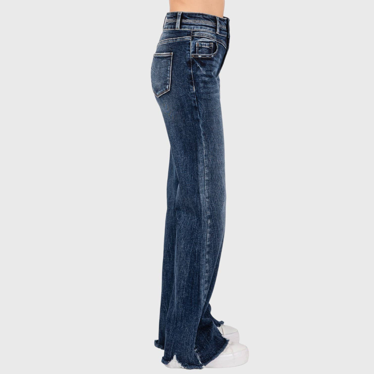 P1153F-DM HIGH RISE STRETCH  WIDE LEG FLARE W/ FRAYED HEM: #2