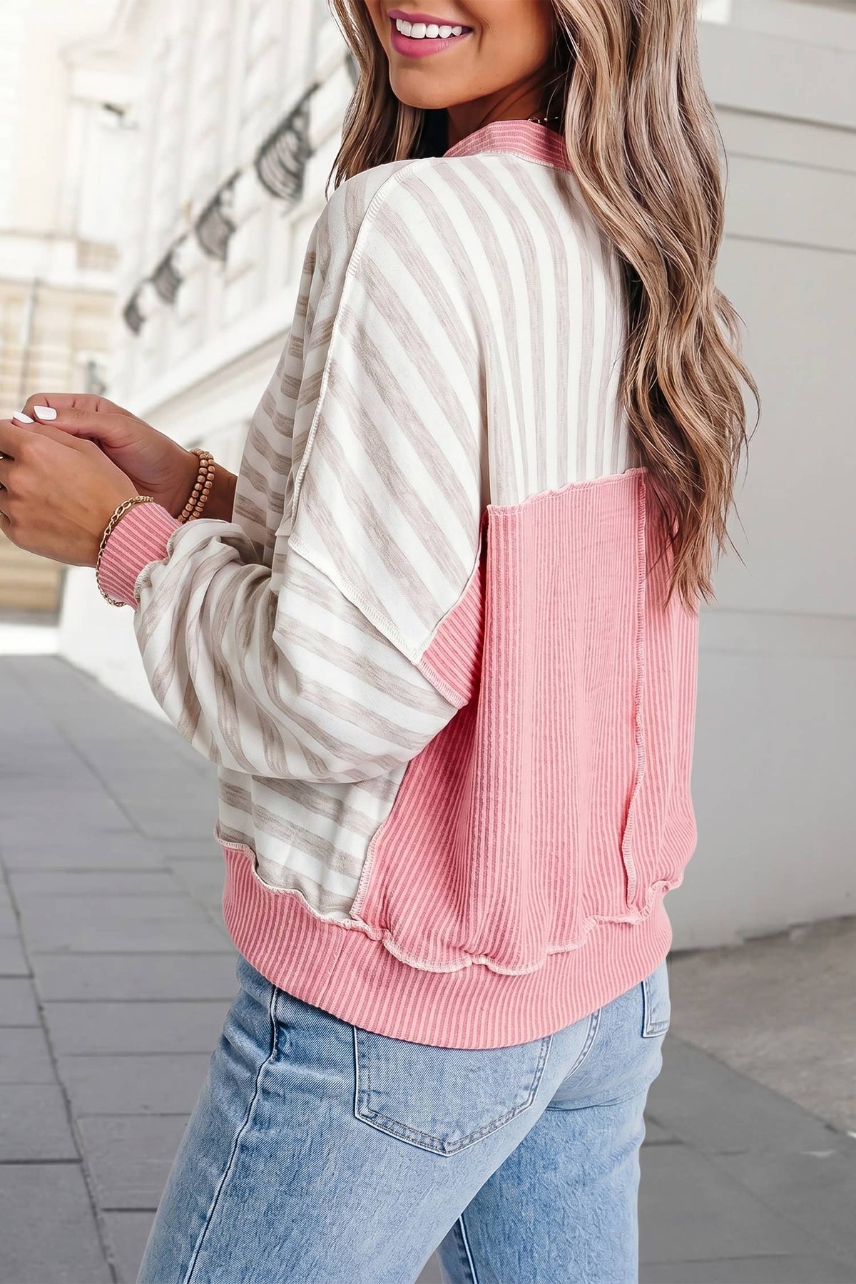 Striped Print Patchwork Casual Long Sleeve Top | S-XL: Pink / M