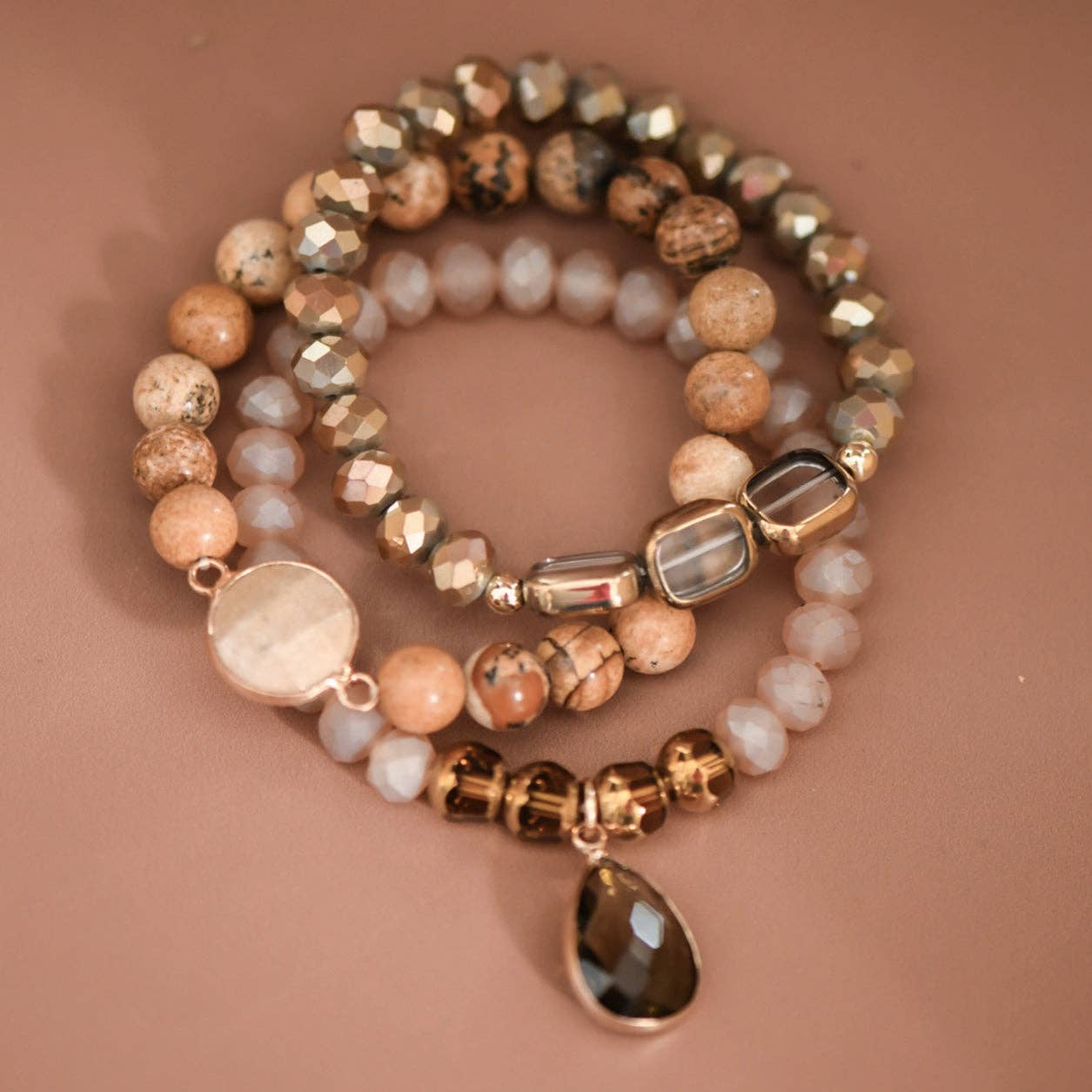 Boho Beaded Bracelet Set with Mixed Natural Stones – 8058: S0OX3T8058