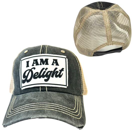 I AM A DELIGHT | DISTRESSED | UNISEX HAT: Charcoal with brown stitching