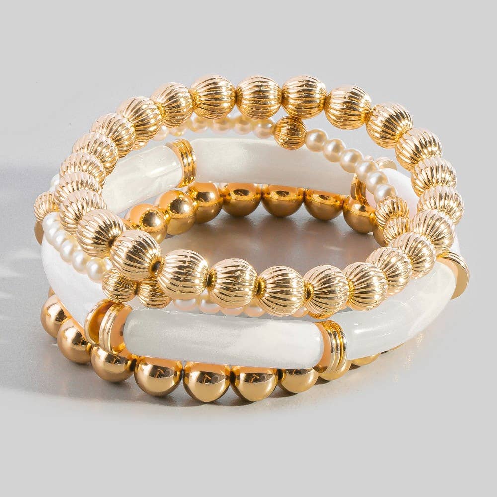 Resin Bar And Gold Bead Stretch Bracelet Set: WHITEGD