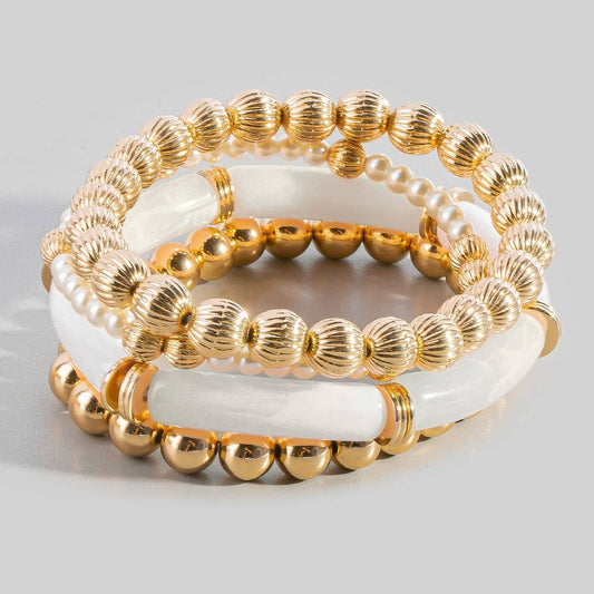 Resin Bar And Gold Bead Stretch Bracelet Set: WHITEGD