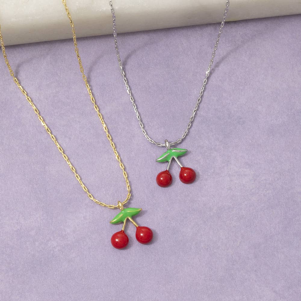 Enamel Cherry Pendant Necklace: GOLD