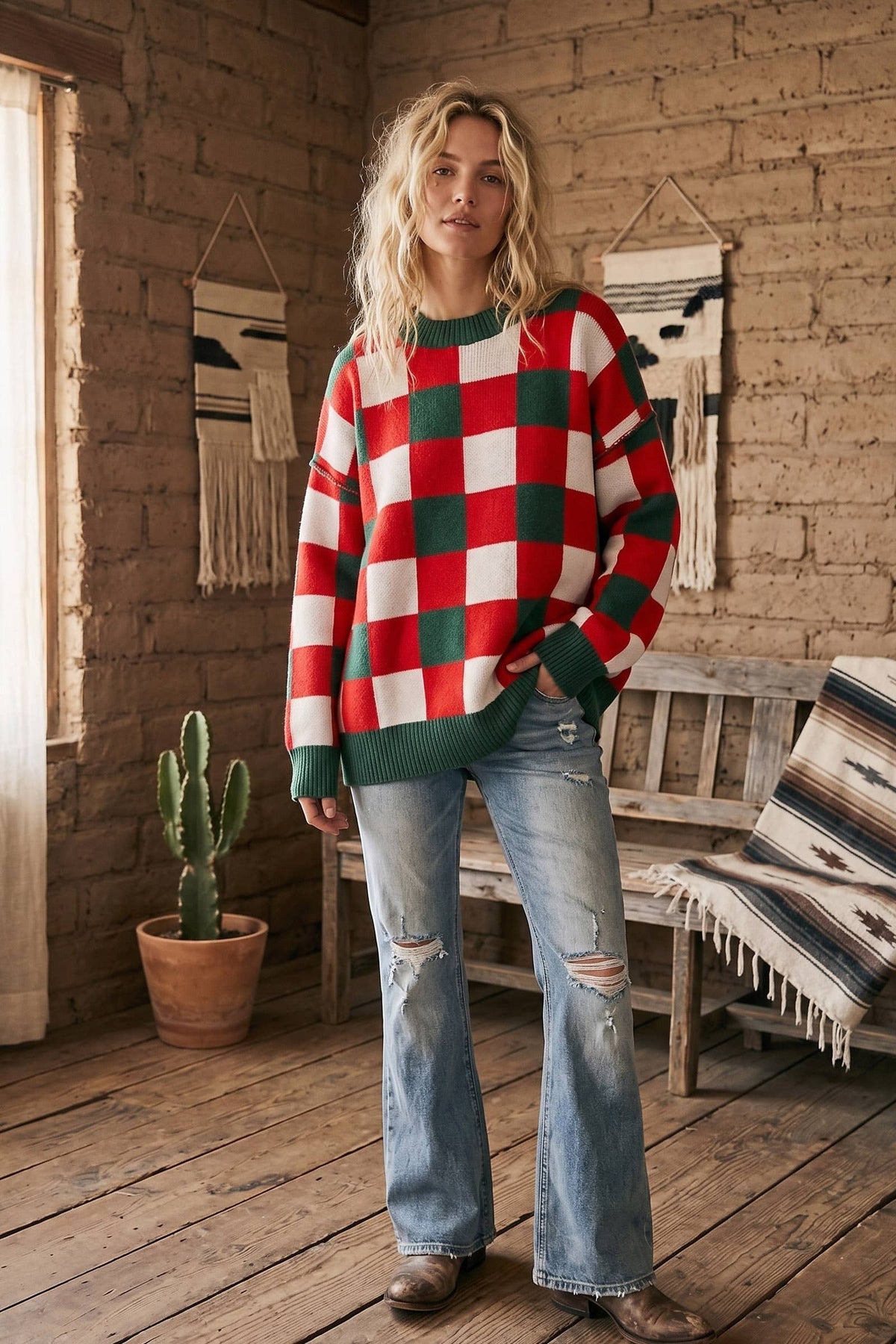 Oversized Buffalo Check Christmas Sweater: RED COMBO