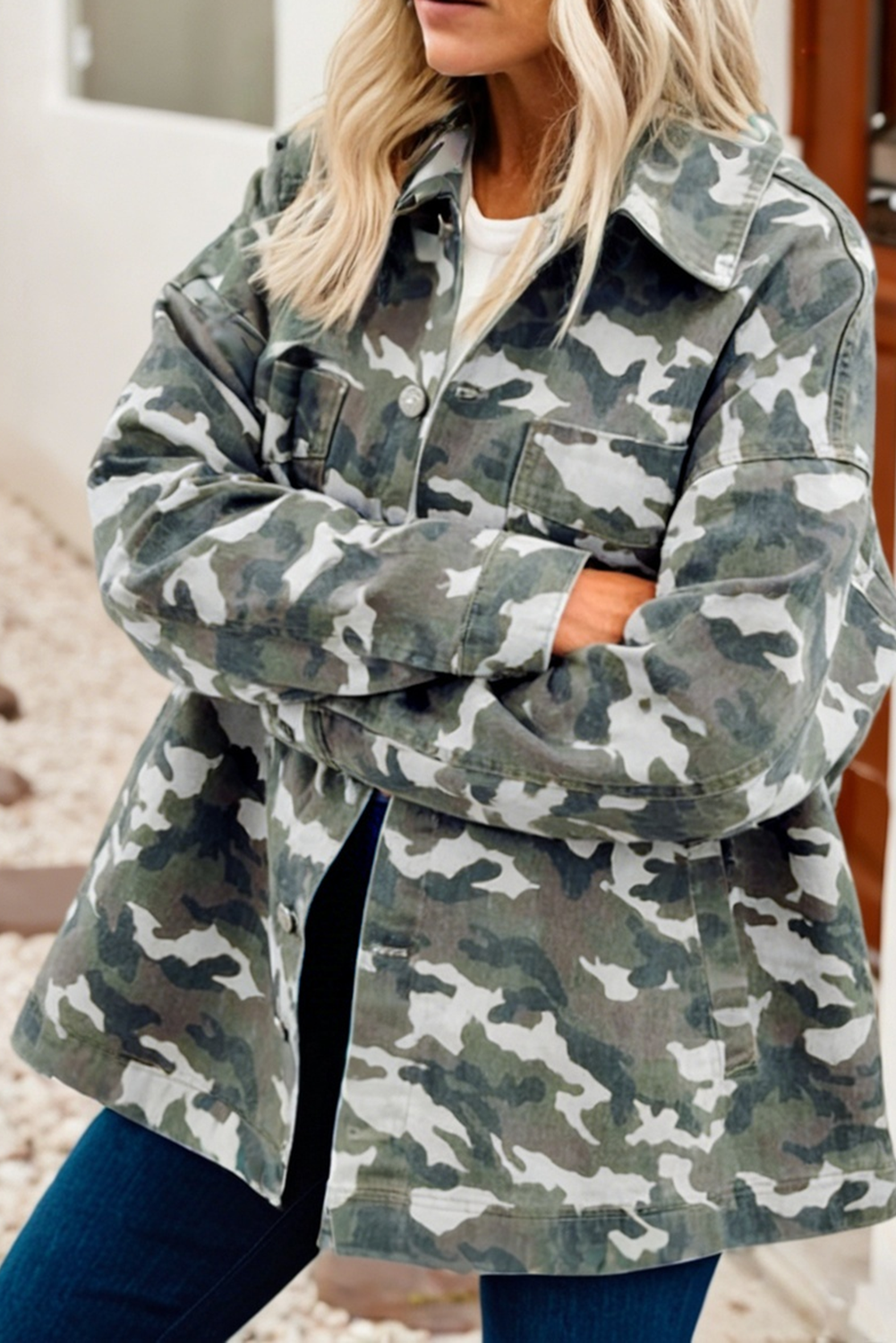 Camo Chest Pockets Loose Jean Jacket: Green