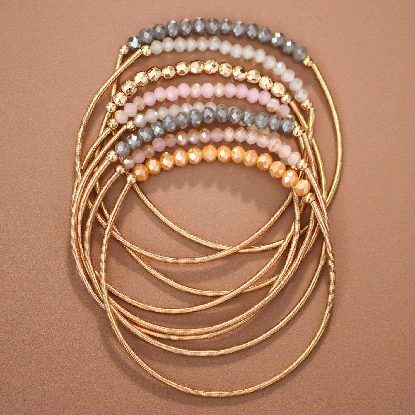 Boho Layered Spring Coil Guitar String Bracelet Set - 8096: S0OX3T8096 Neutral Set