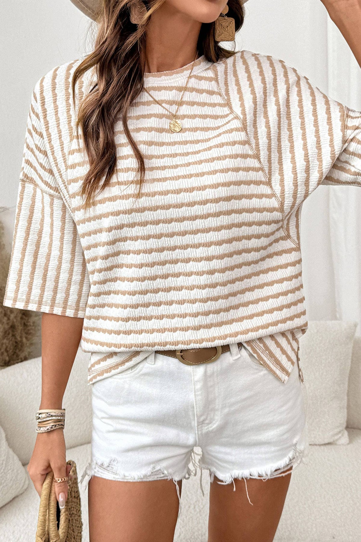 Texture Stripe Knit Half Sleeve Top | S-XL Plus