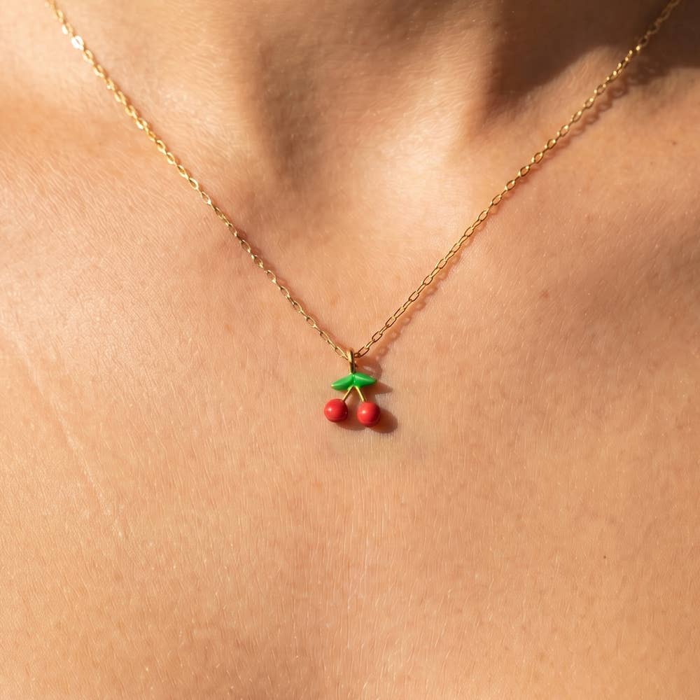 Enamel Cherry Pendant Necklace: GOLD