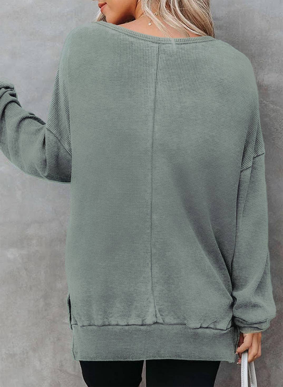 Solid Waffle Knit Pullover Oversized Crew Neck Top: Grey / 35%Cotton+65%Polyester / S