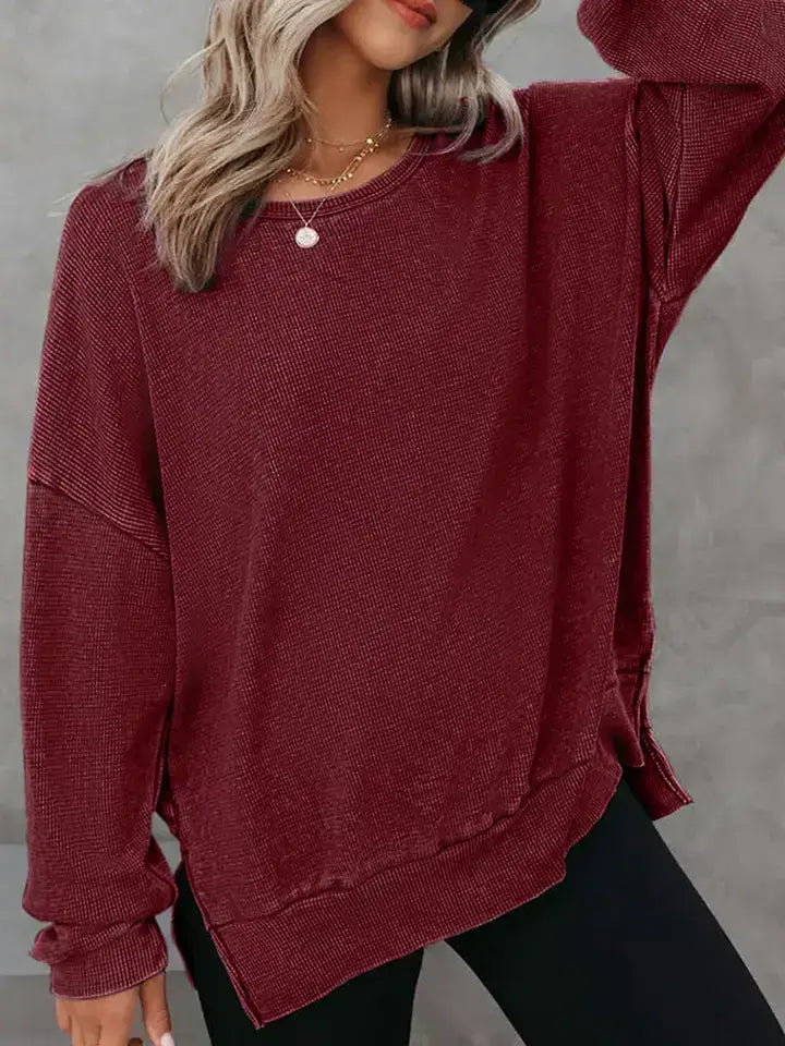 Solid Waffle Knit Pullover Oversized Crew Neck Top: Grey / 35%Cotton+65%Polyester / S