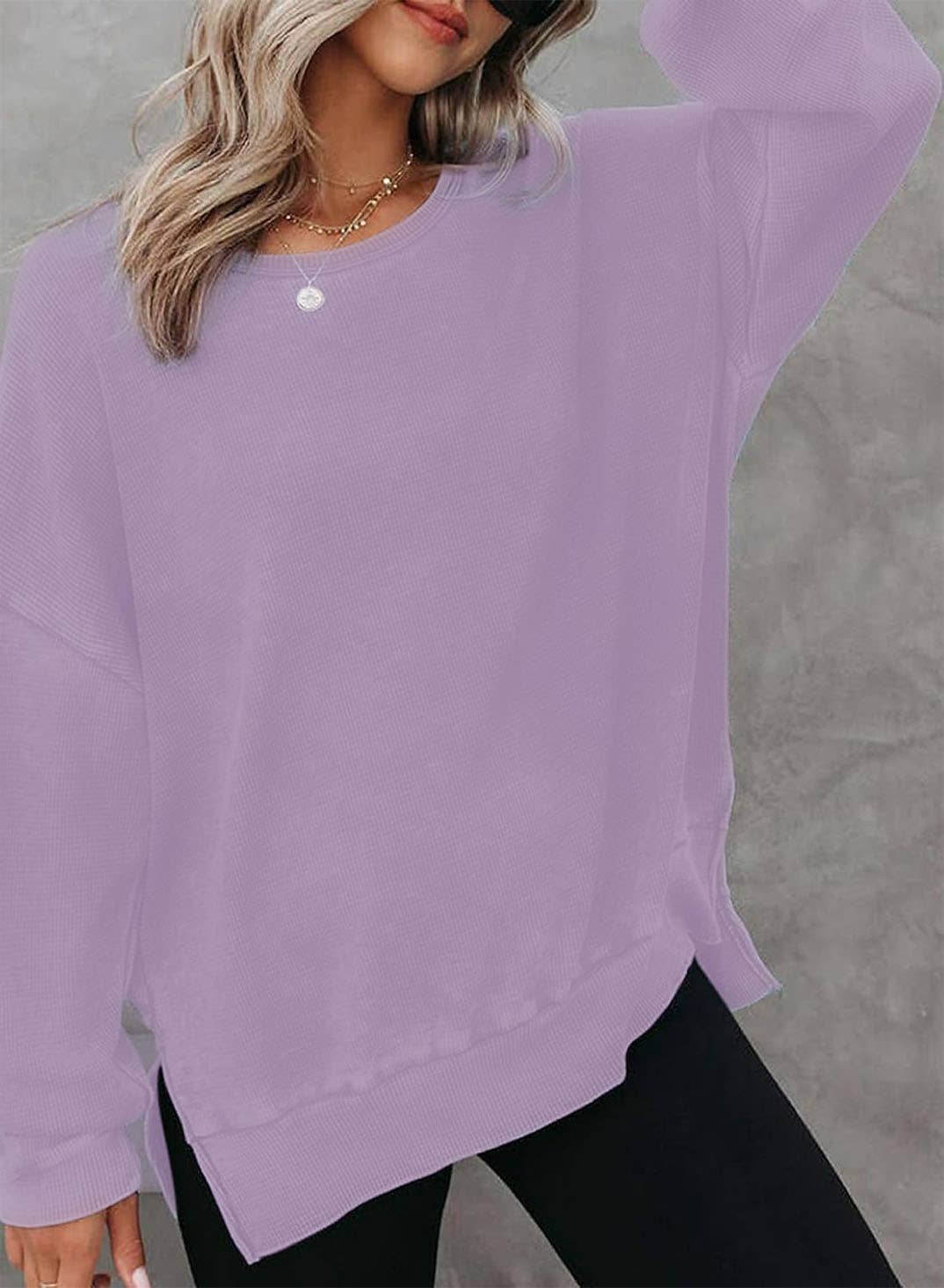 Solid Waffle Knit Pullover Oversized Crew Neck Top: Grey / 35%Cotton+65%Polyester / S