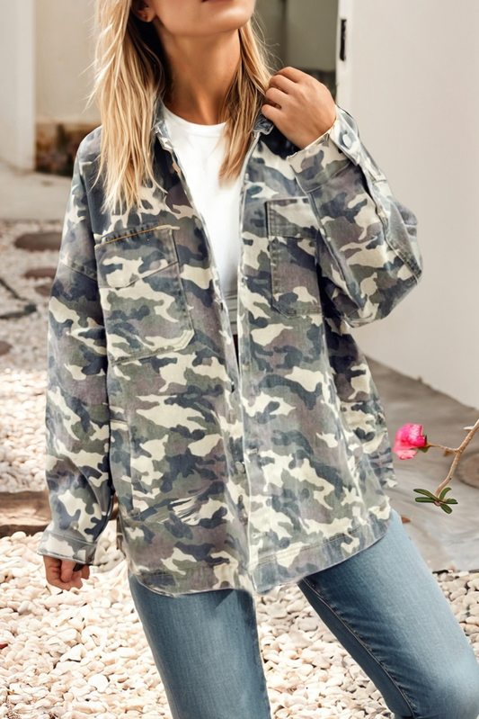 Camo Chest Pockets Loose Jean Jacket: Green
