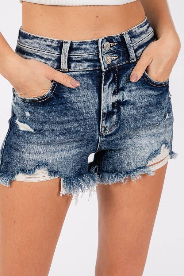 P1350R-LA HIGH RISE STRETCH DESTROY SHORTS W/ FRAYED HEM