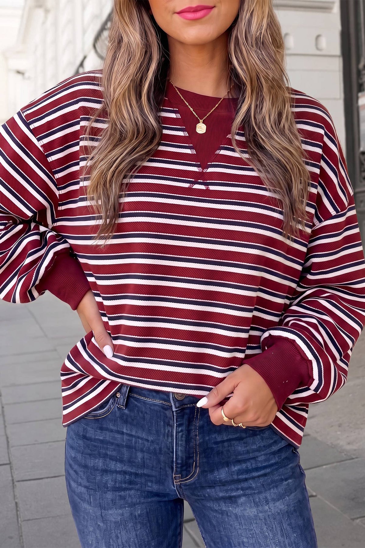 Striped Crew Neck Puff Sleeve Pullover Top | S-XL : Red Stripe