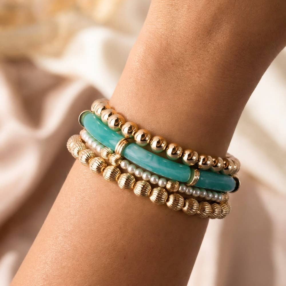 Resin Bar And Gold Bead Stretch Bracelet Set: WHITEGD