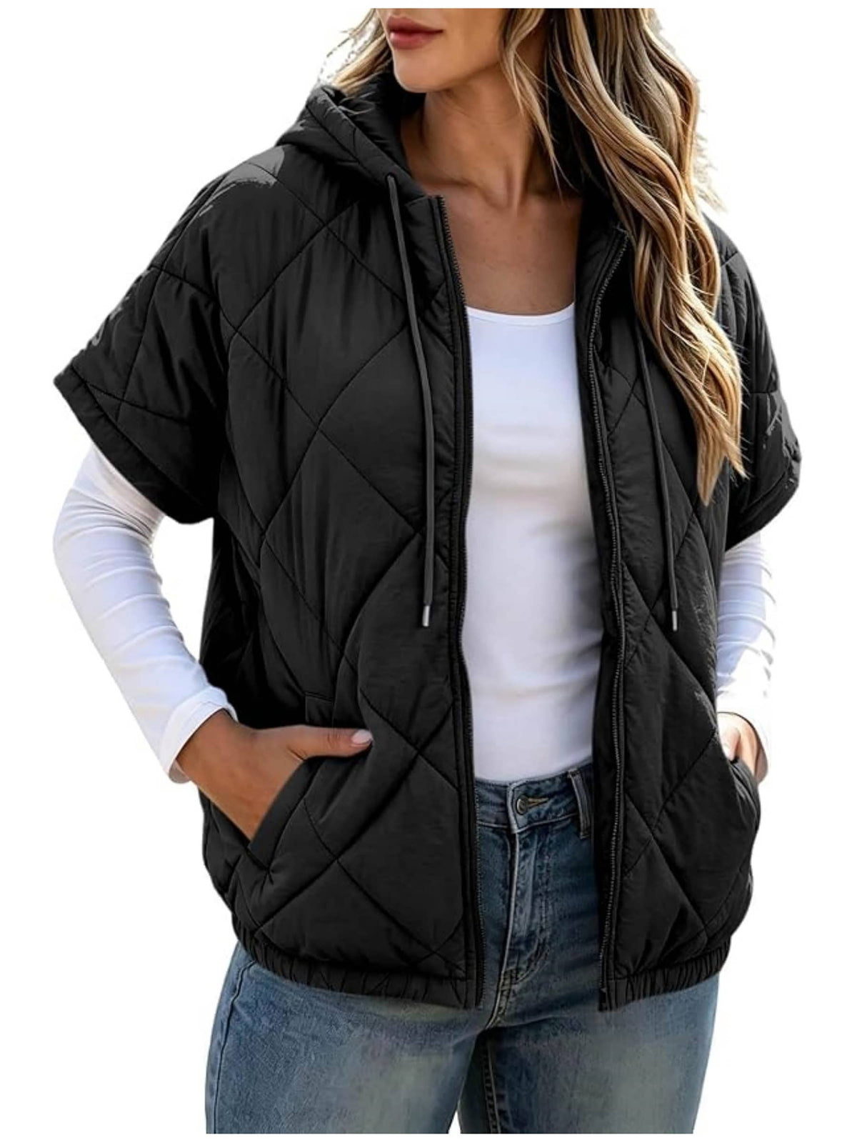 Diamond Quilted Hooded Puffer Vest for Women Fall Winter: Black