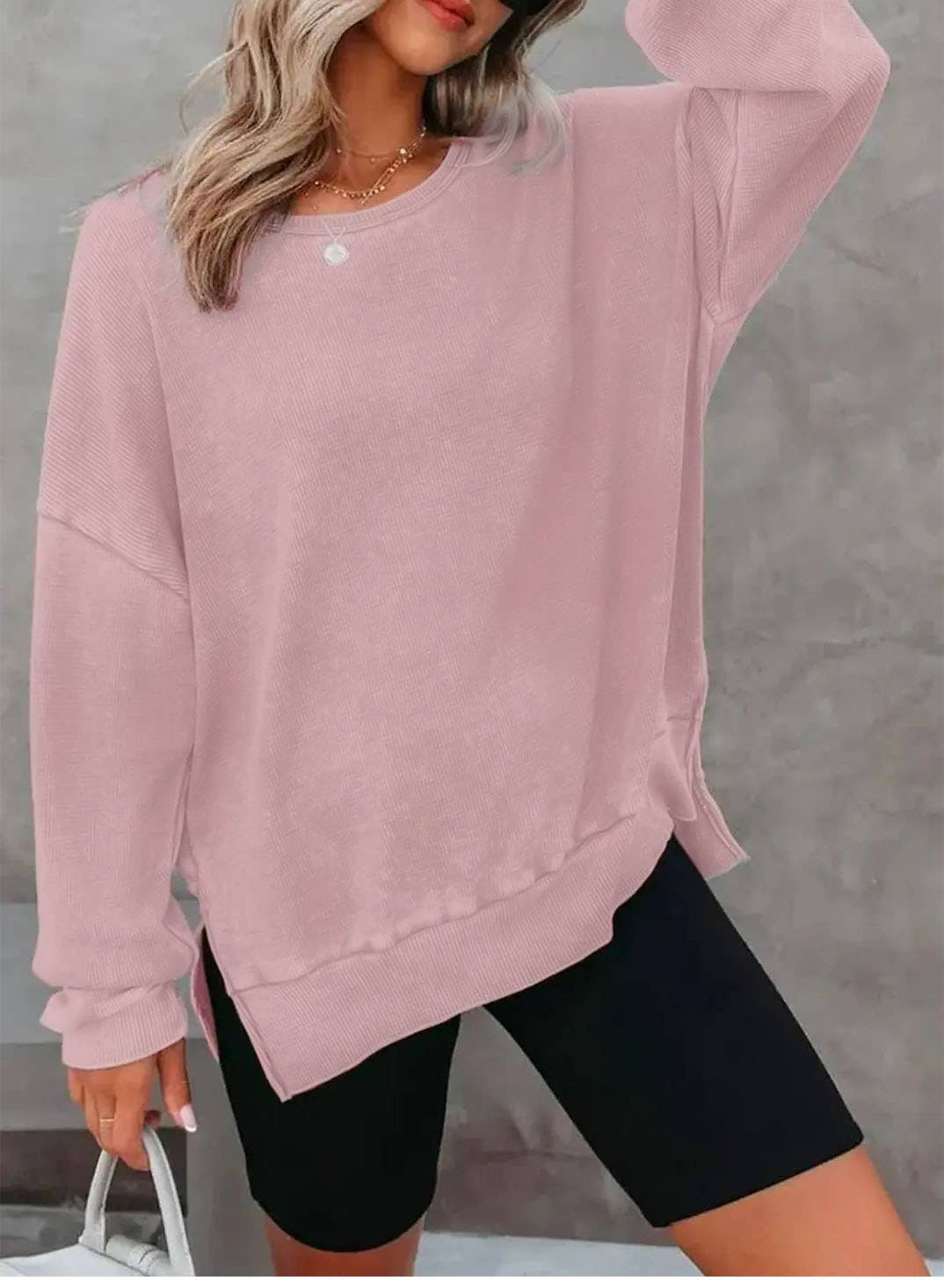 Solid Waffle Knit Pullover Oversized Crew Neck Top: Grey / 35%Cotton+65%Polyester / S