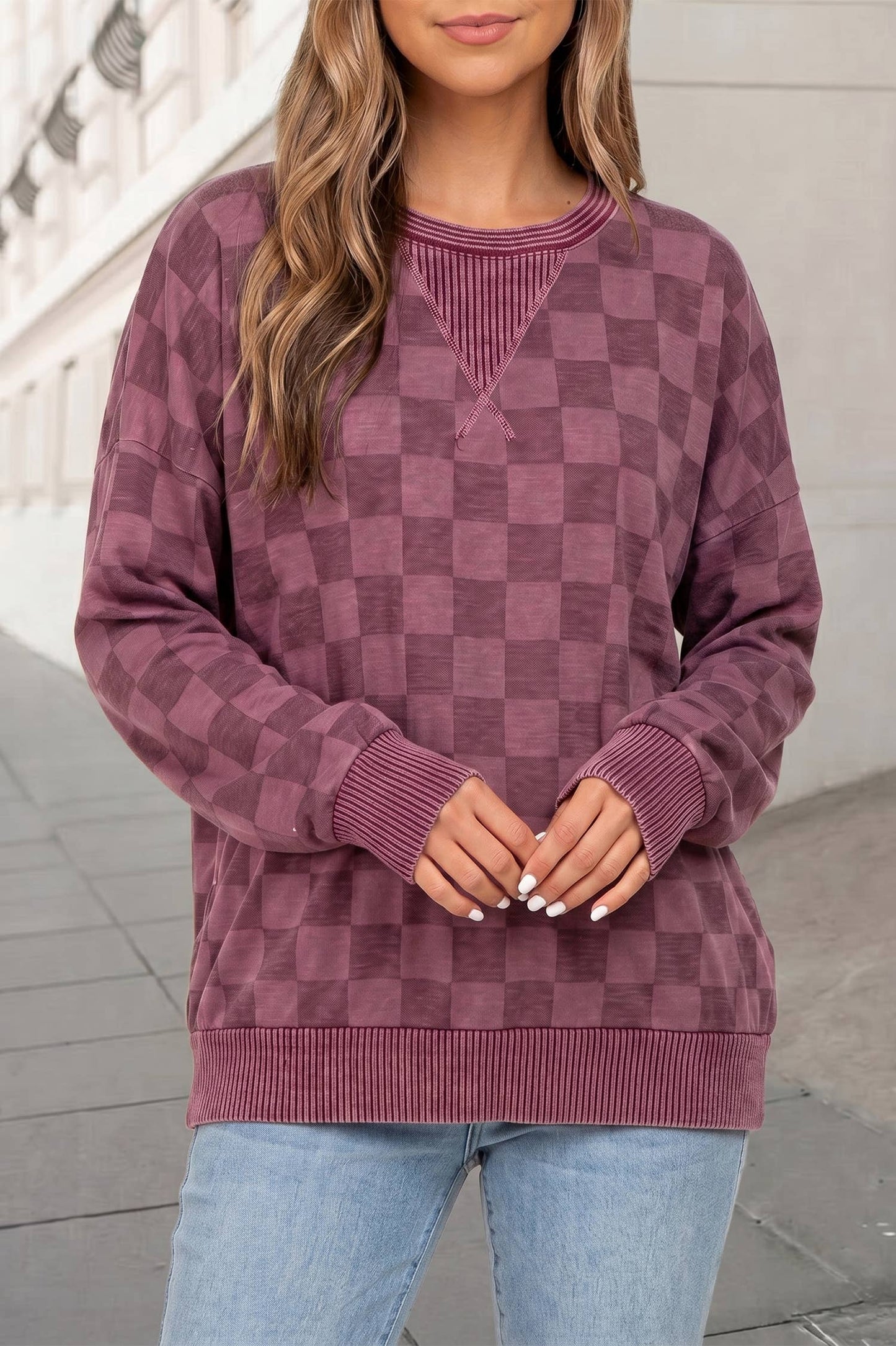 Checkered Print Ribbed Detail Long Sleeve Shift Top | S-XL: Red / M