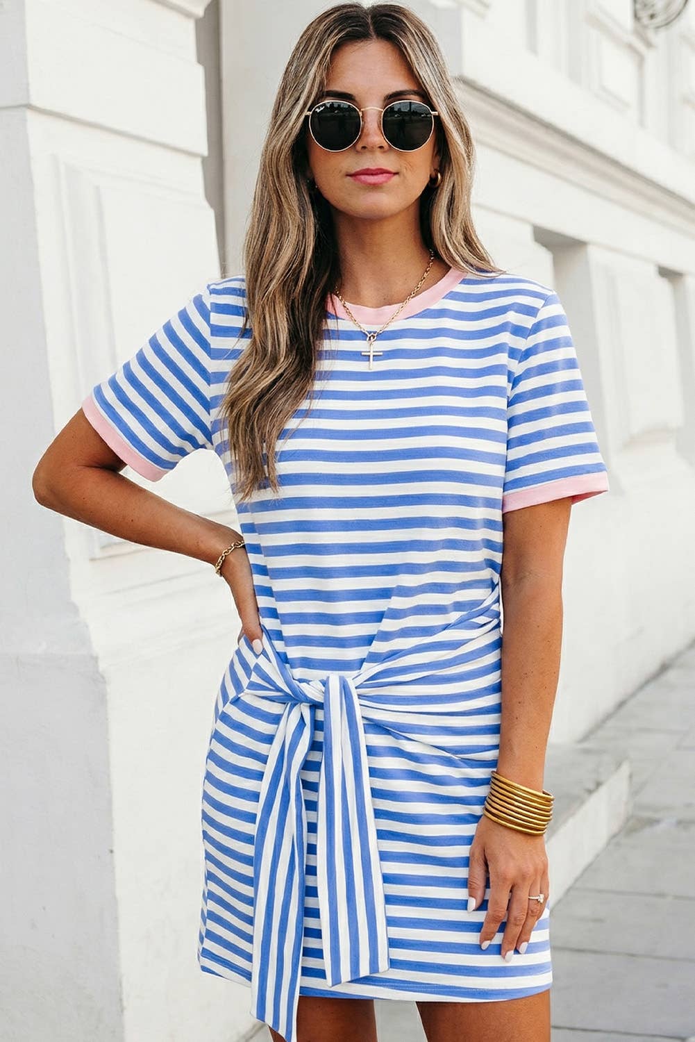 Striped Print Tie Waist T Shirt Mini Dress