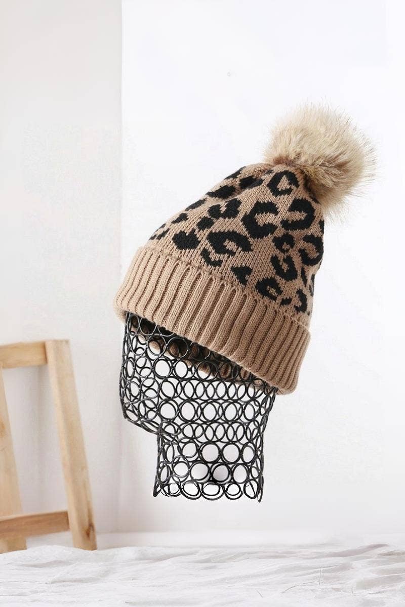 Leopard Pattern Knit Pom Pom Beanie: 1(ONE SIZE)