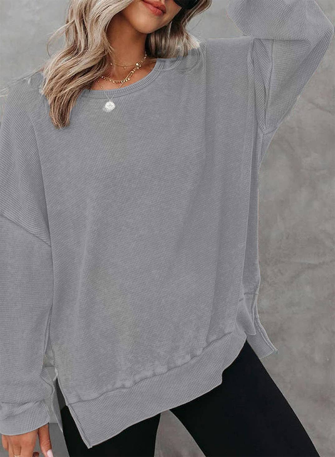 Solid Waffle Knit Pullover Oversized Crew Neck Top: Grey / 35%Cotton+65%Polyester / S
