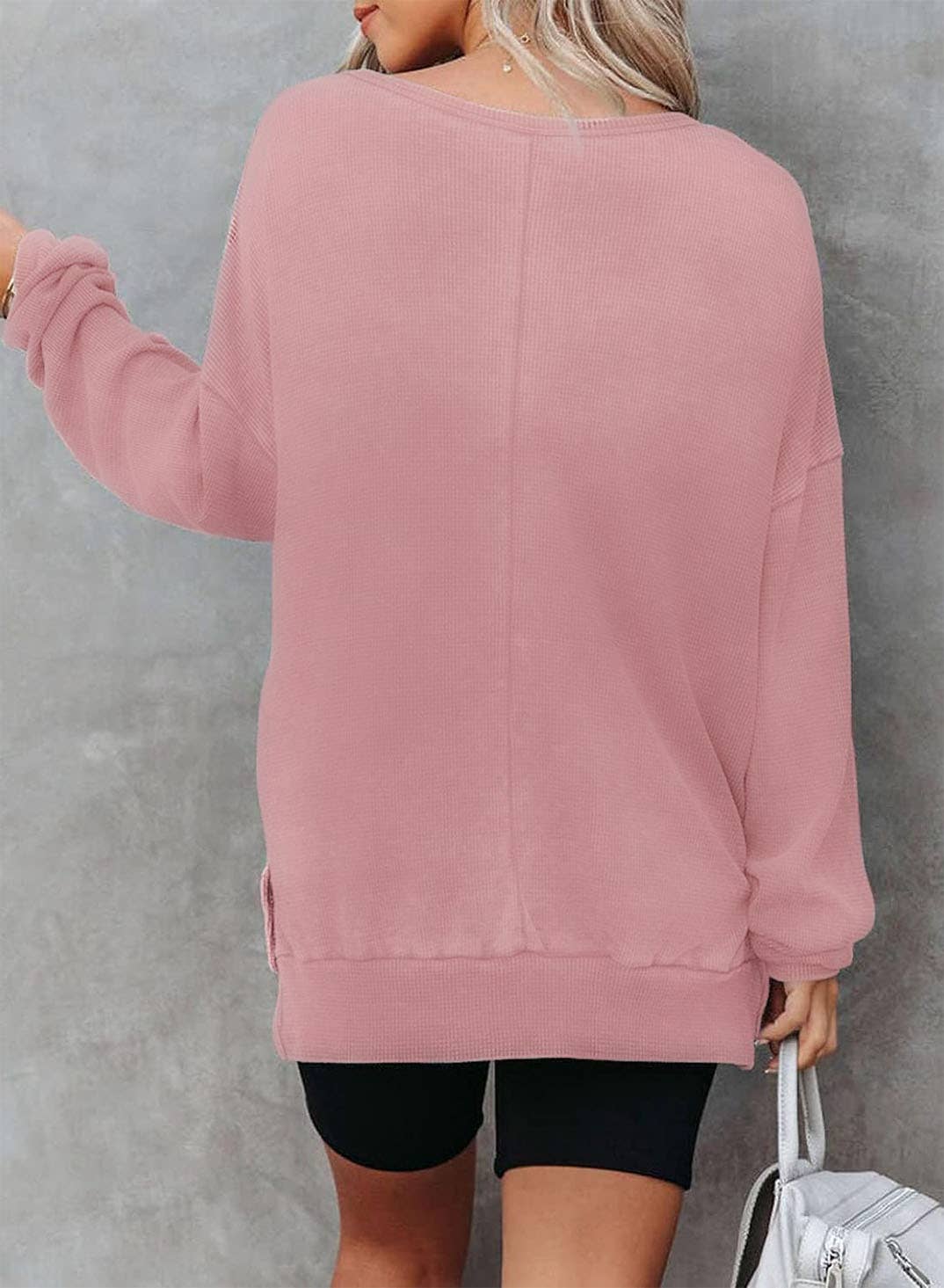 Solid Waffle Knit Pullover Oversized Crew Neck Top: Grey / 35%Cotton+65%Polyester / S