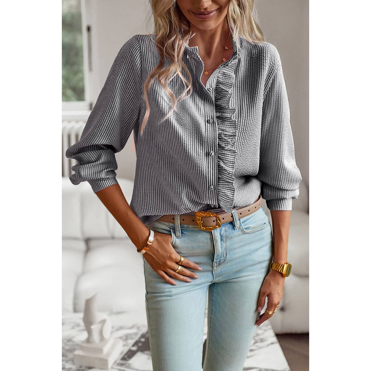 Frenchy Striped Print Ruffle Trim Button Front Shirt: BLACK / L