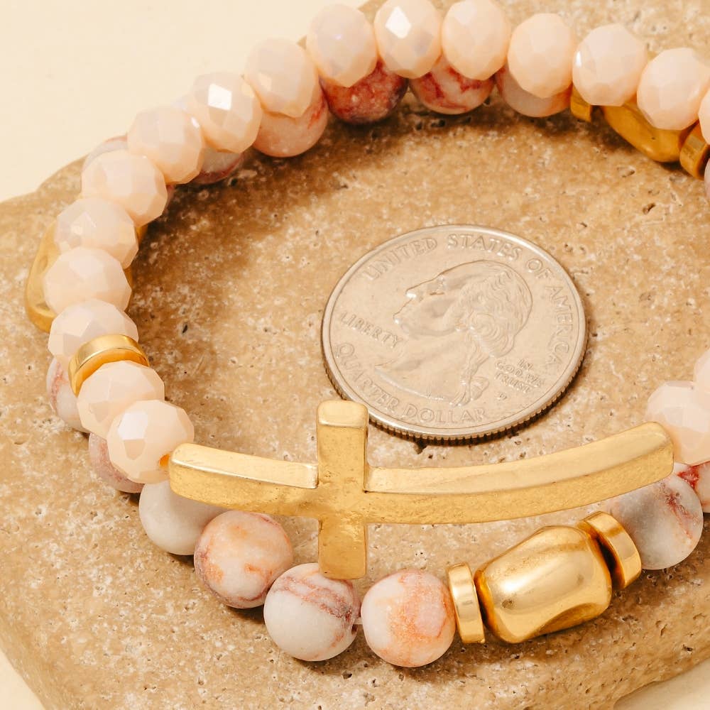 Cross Charm Stone Beaded Bracelet Set: LPEWG