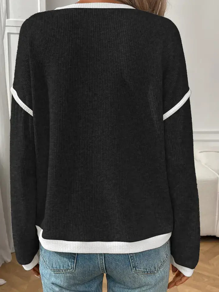Contrast Trim Knit Sweater Casual Relaxed Crewneck: Black / 65%Polyester+30%Viscose+5%Elastan