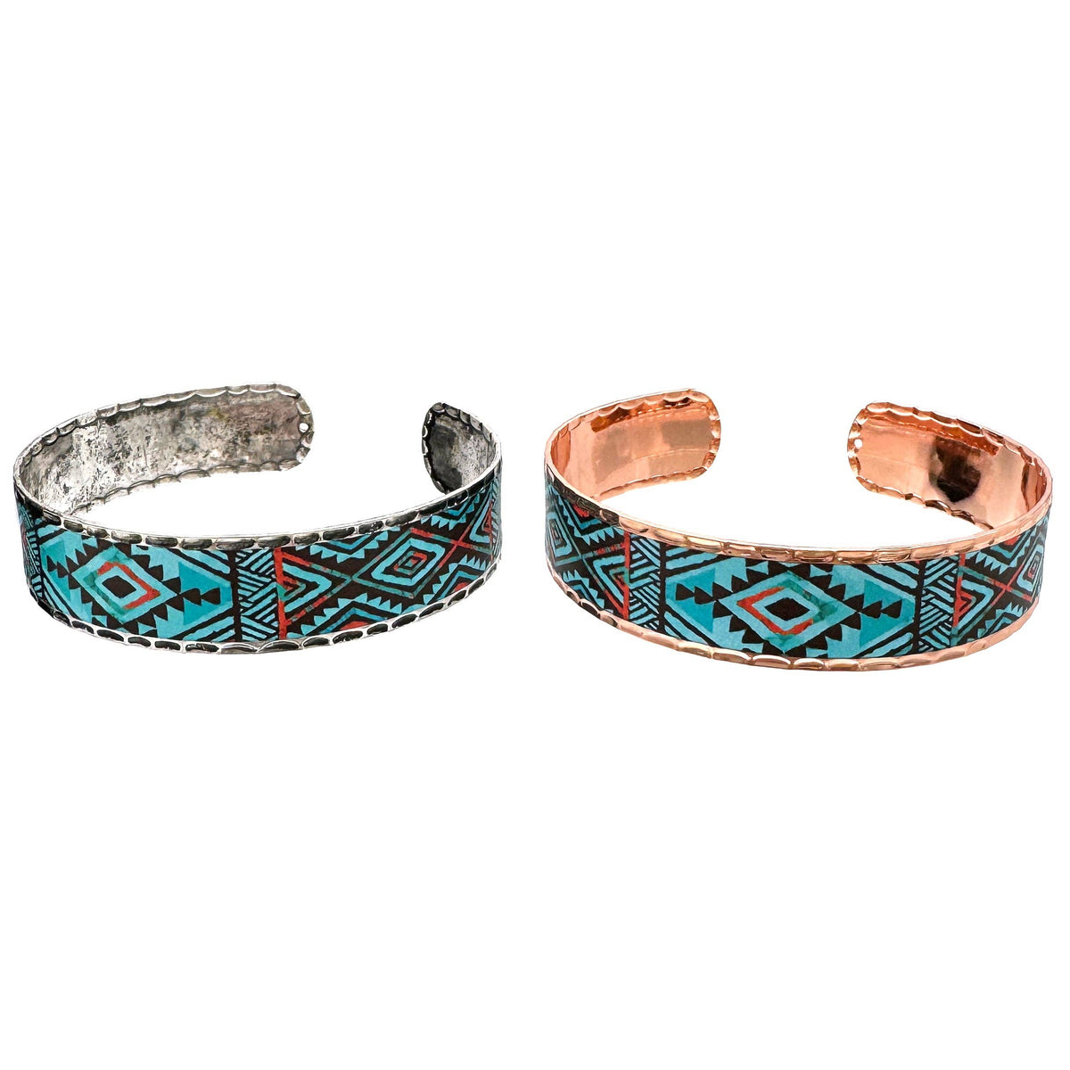 Aztec Print Turquoise Bracelet Cuff: Silver