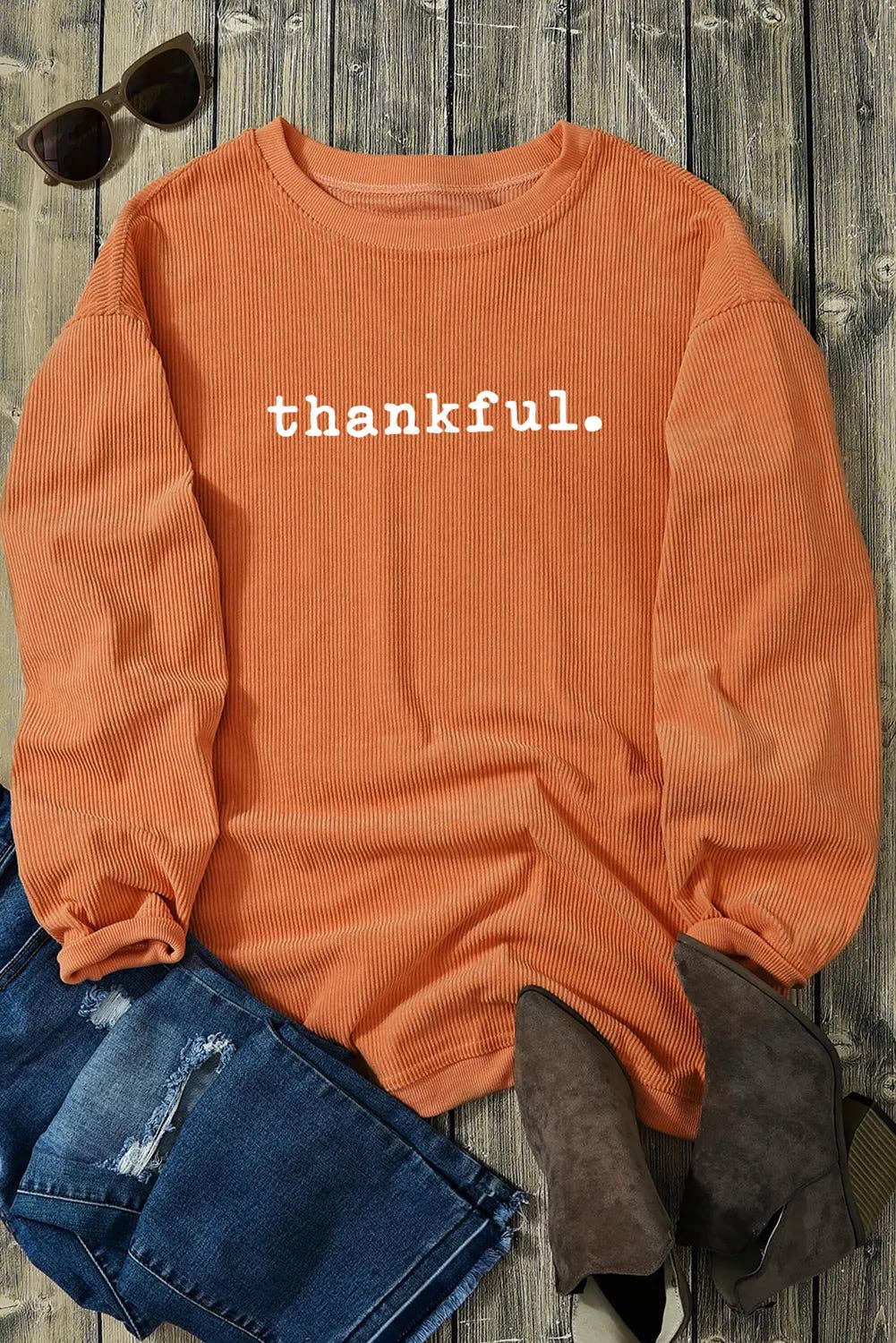 Orange Thankful Ribbed Crew Neck Thanksgiving Sweatshirt: Orange-3 / 100%Polyester