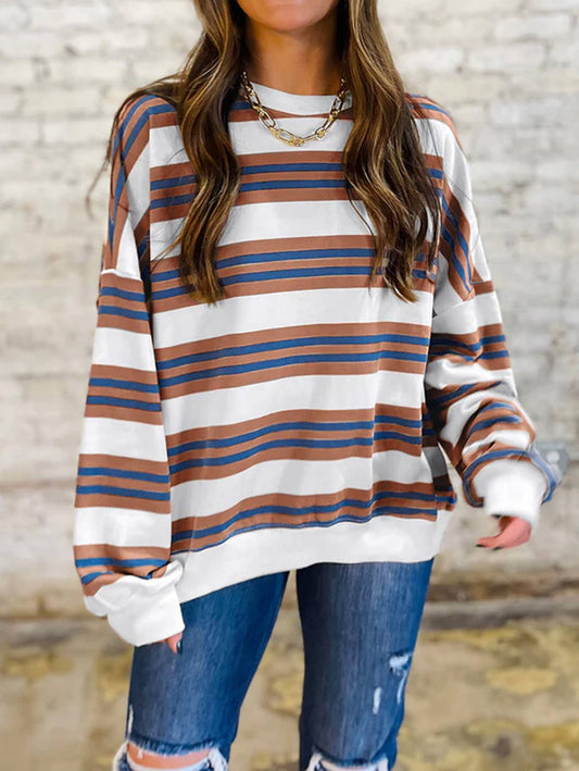 Color Blocking Round Neck Pullover Top: Red