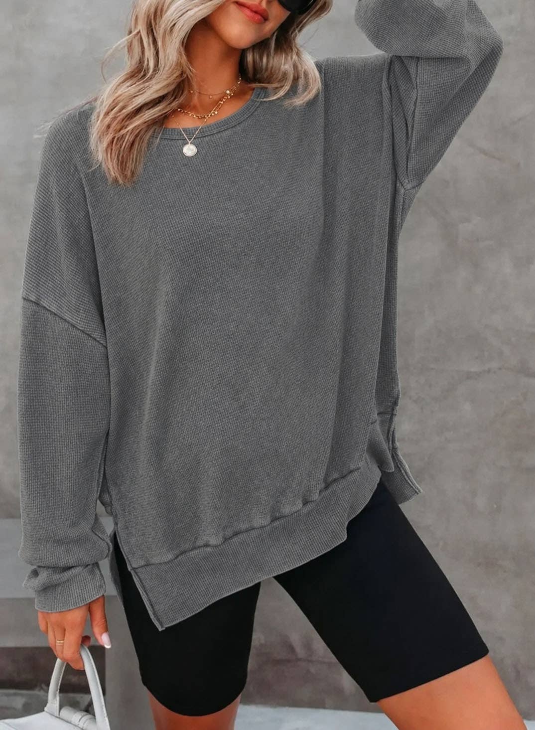 Solid Waffle Knit Pullover Oversized Crew Neck Top: Grey / 35%Cotton+65%Polyester / S