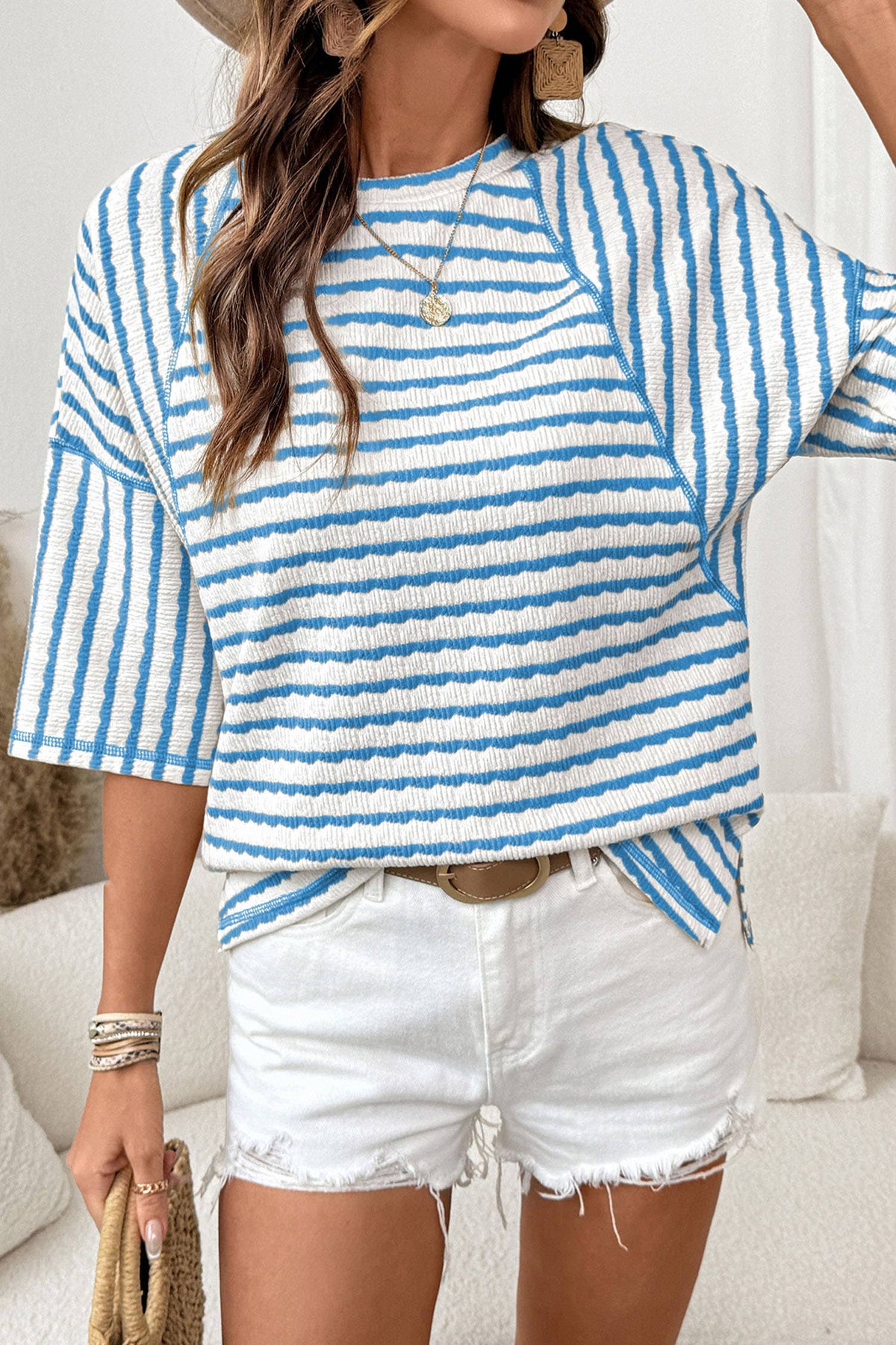 Texture Stripe Knit Half Sleeve Top | S-XL Plus