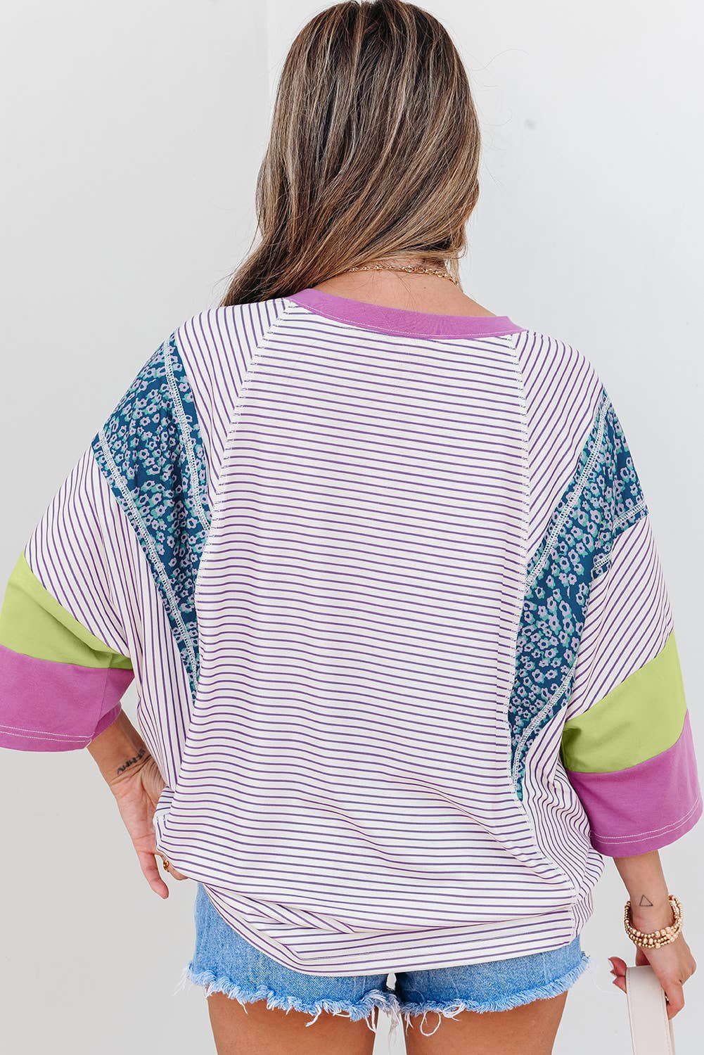 Stripe Floral Raw Edge Patchwork Bracelet Sleeve Top