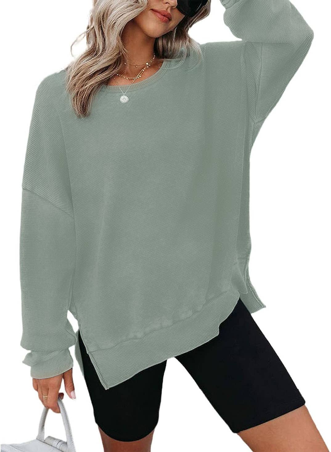 Solid Waffle Knit Pullover Oversized Crew Neck Top: Grey / 35%Cotton+65%Polyester / S