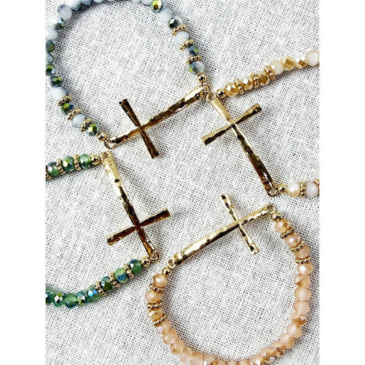 Hammered Cross Bead Stretch Bracelet: MIX COLOR / ONE(12)