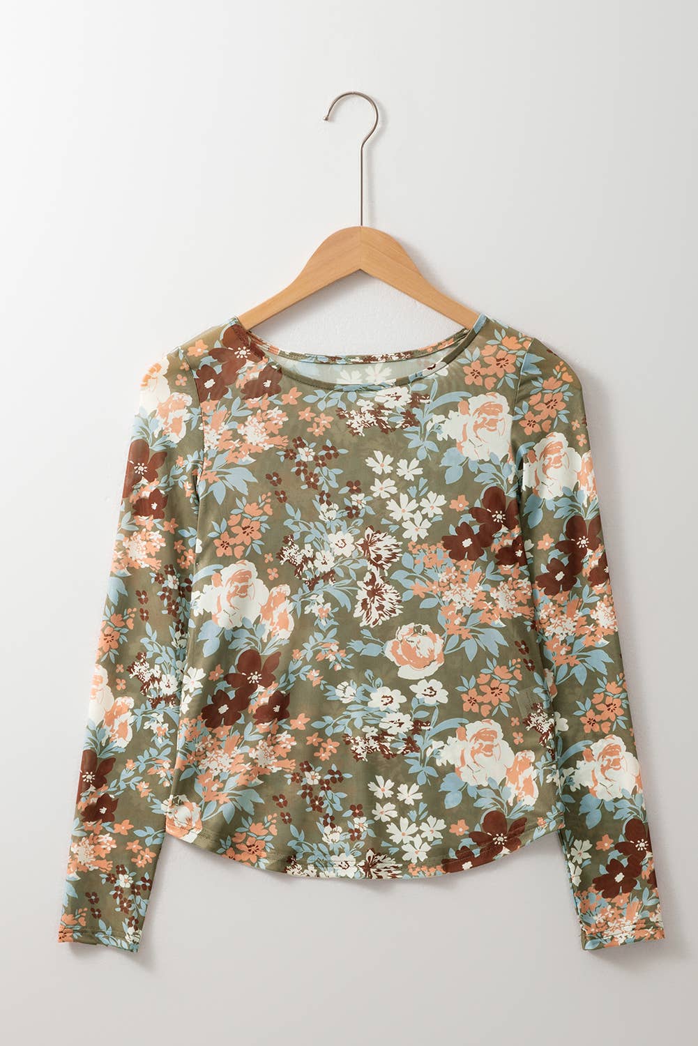 Chic Floral Print Mesh Long Sleeve Top