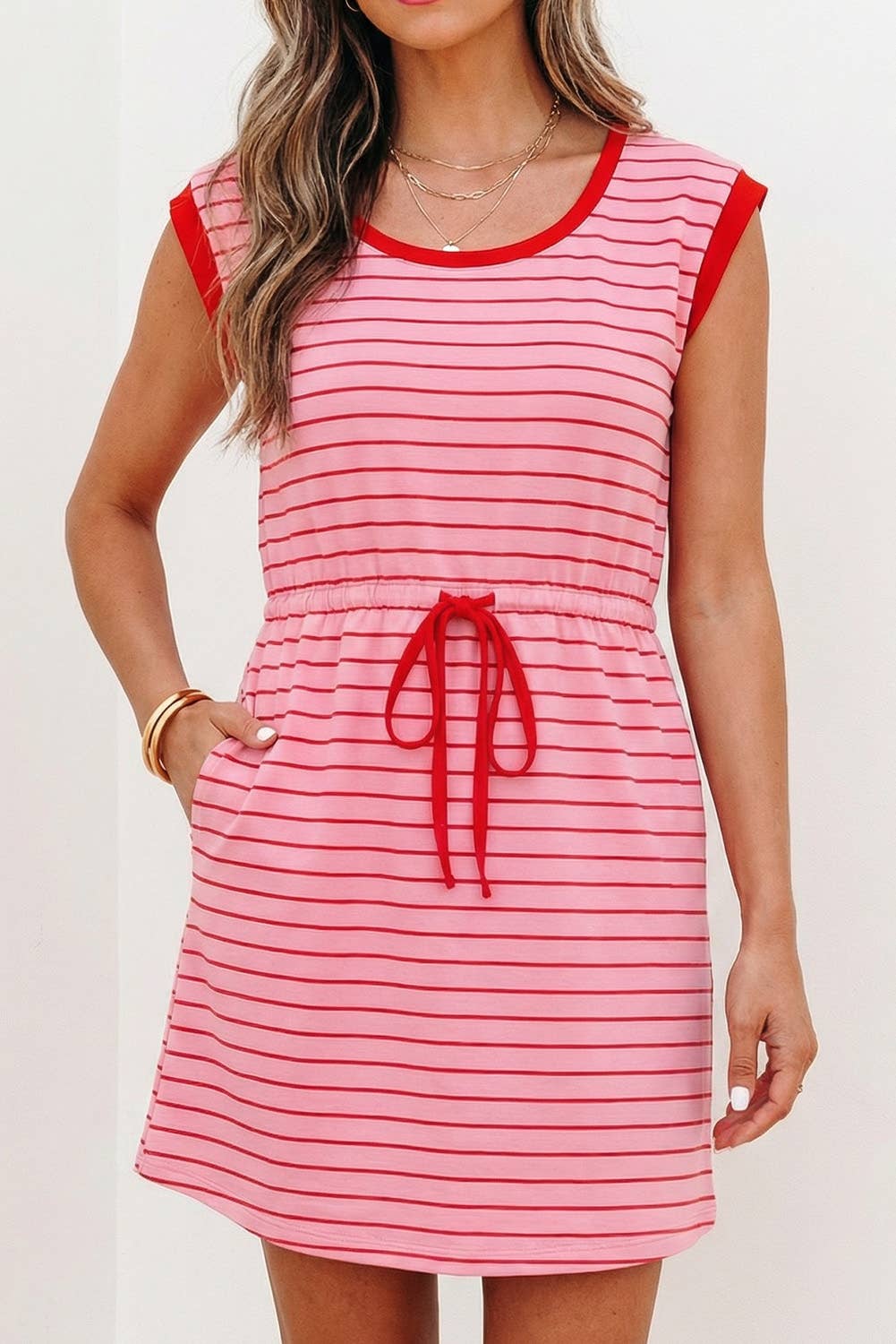 Stripe Drawstring Tunic Tank Mini Dress