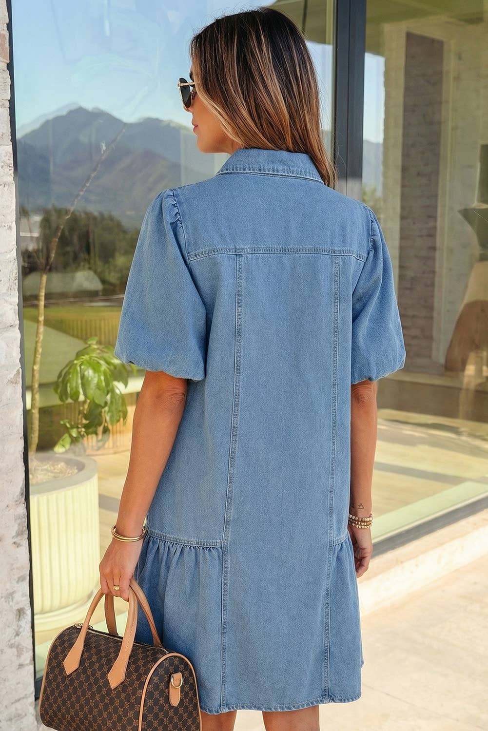 Denim Puff Sleeve Ruffle Hem Patchwork Mini Dress