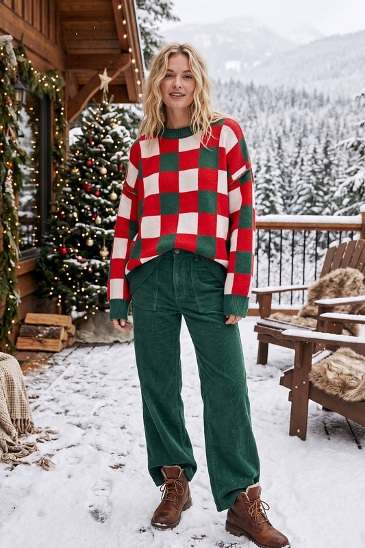 Oversized Buffalo Check Christmas Sweater: RED COMBO