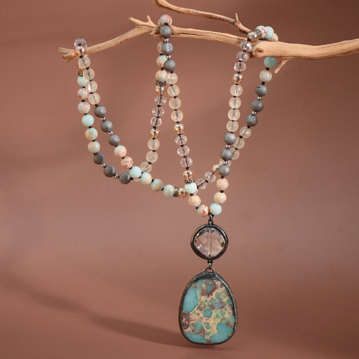 Natural Stone Bead Necklace with Stone Pendant - 6910: S0OX3T6910