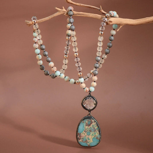 Natural Stone Bead Necklace with Stone Pendant - 6910: S0OX3T6910