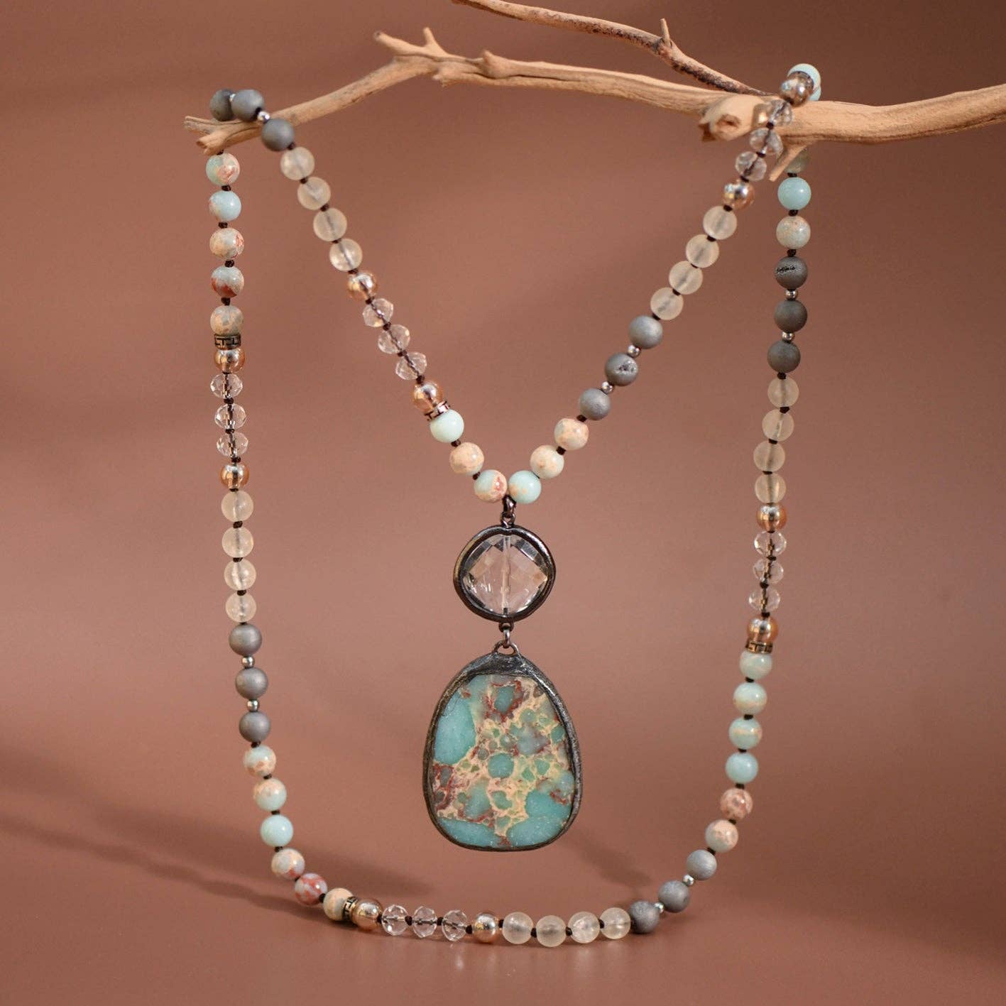 Natural Stone Bead Necklace with Stone Pendant - 6910: S0OX3T6910