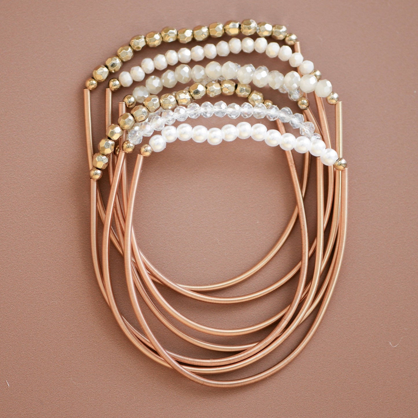 Boho Layered Spring Coil Guitar String Bracelet Set - 6961: S0OX3T6961 White Set
