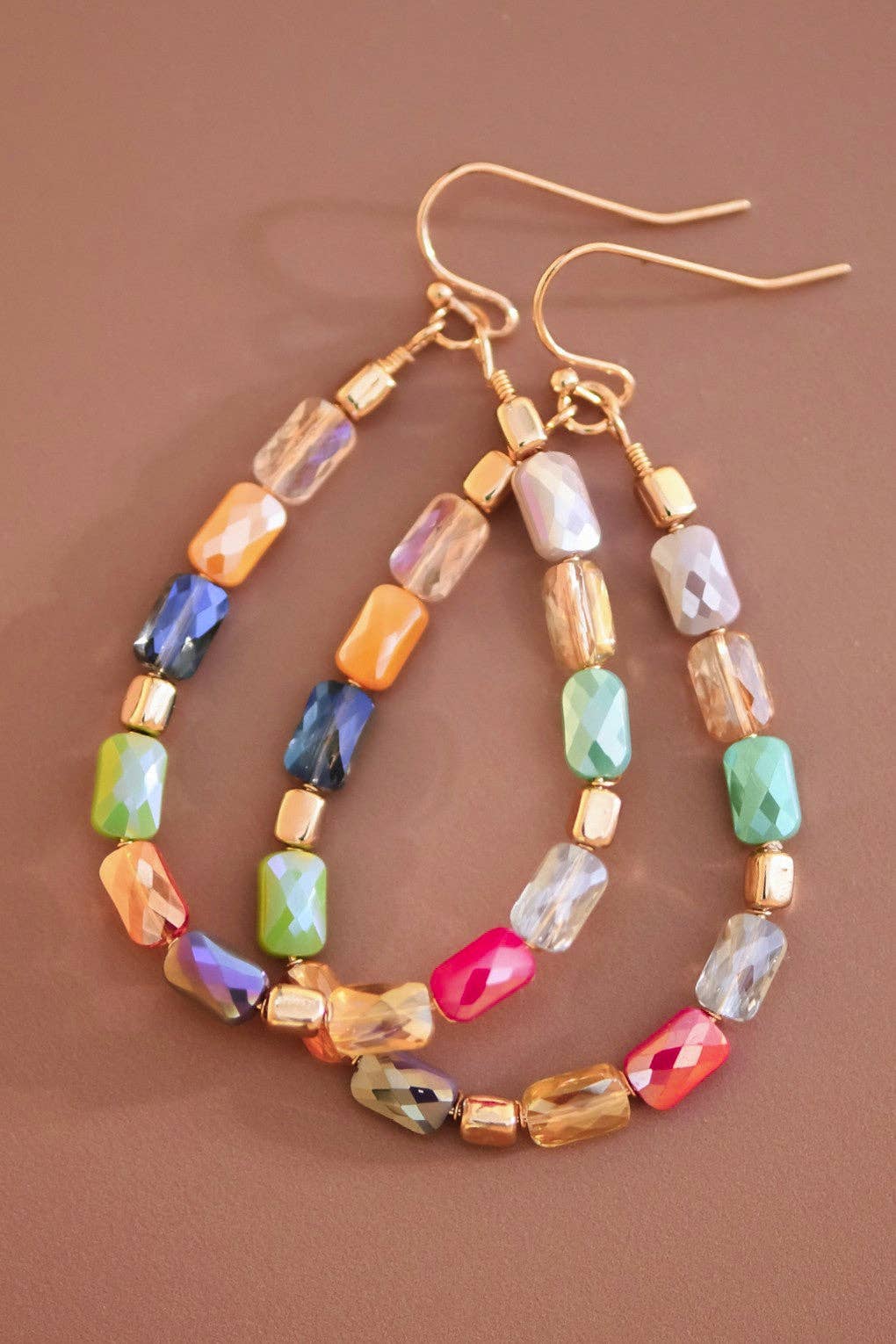 Teardrop Wire Beaded Glass Crystal Earrings - 7277: S0OX3T7277 Multi