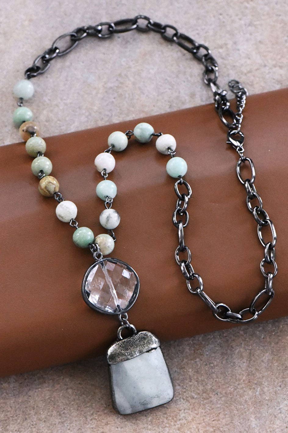 Natural Stone Pendant Beaded Chain Link Necklace - 6463: S0OX3T6463 Amazonite