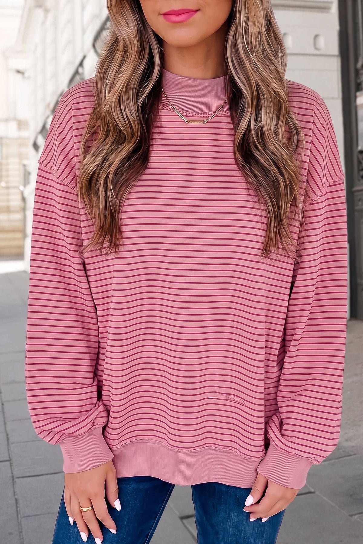 Striped Mock Neck Oversized Sweatshirt | S-XL : Green Stripe