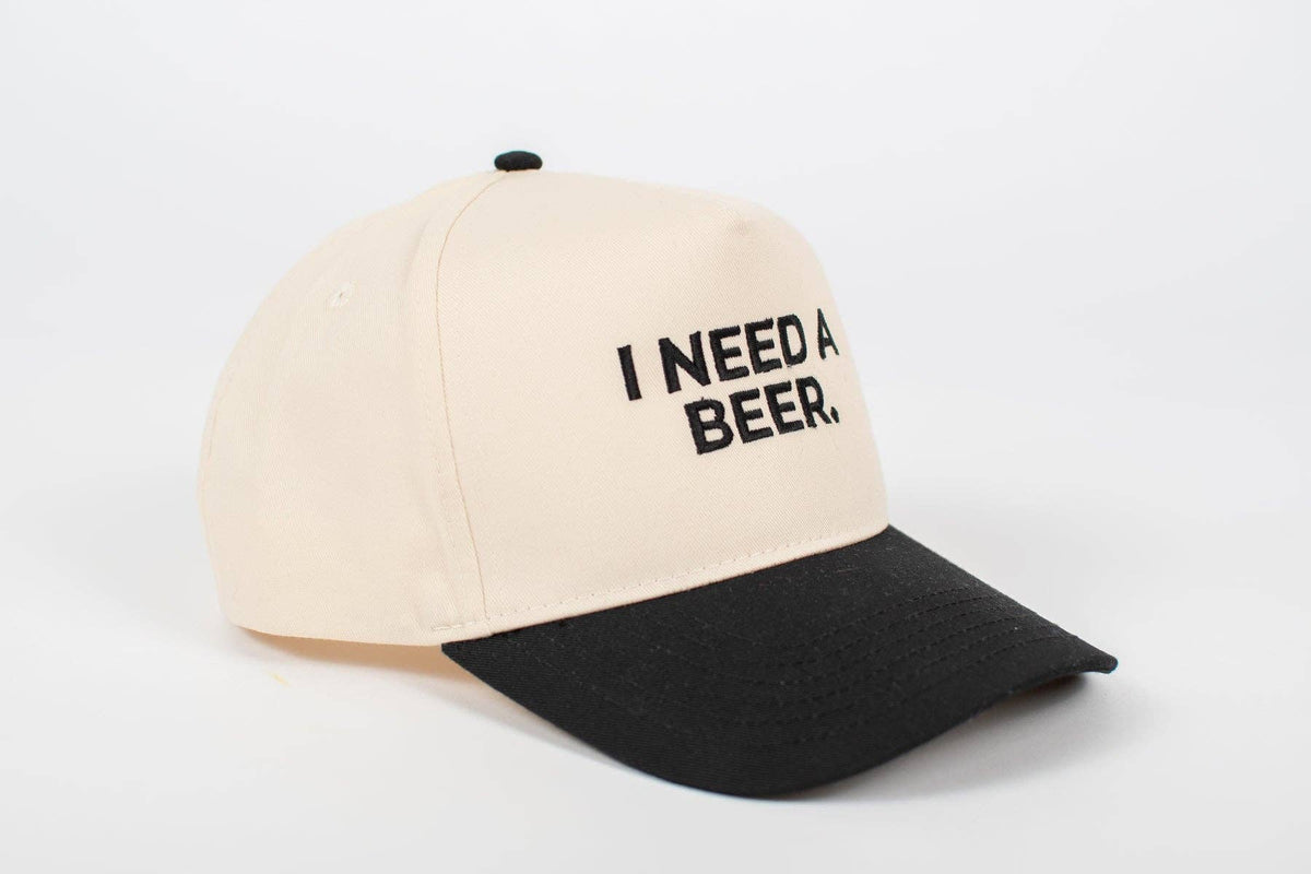 'I Need A Beer.' Embroidered Trucker Hat: Cream/Black